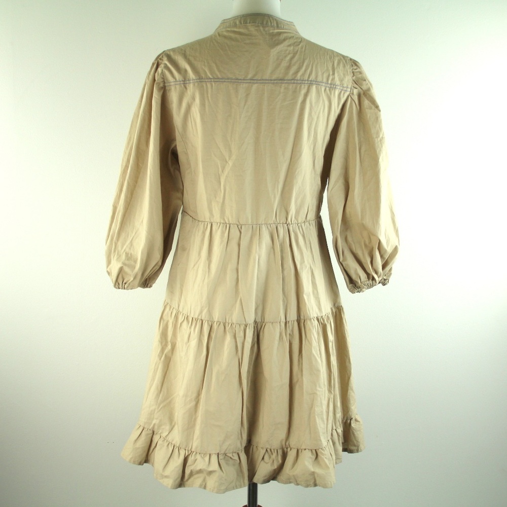 Anthropologie Ruffled Poplin Cotton Tunic Puff Sleeve Tan Mini Dress M NWT - Picture 5 of 6
